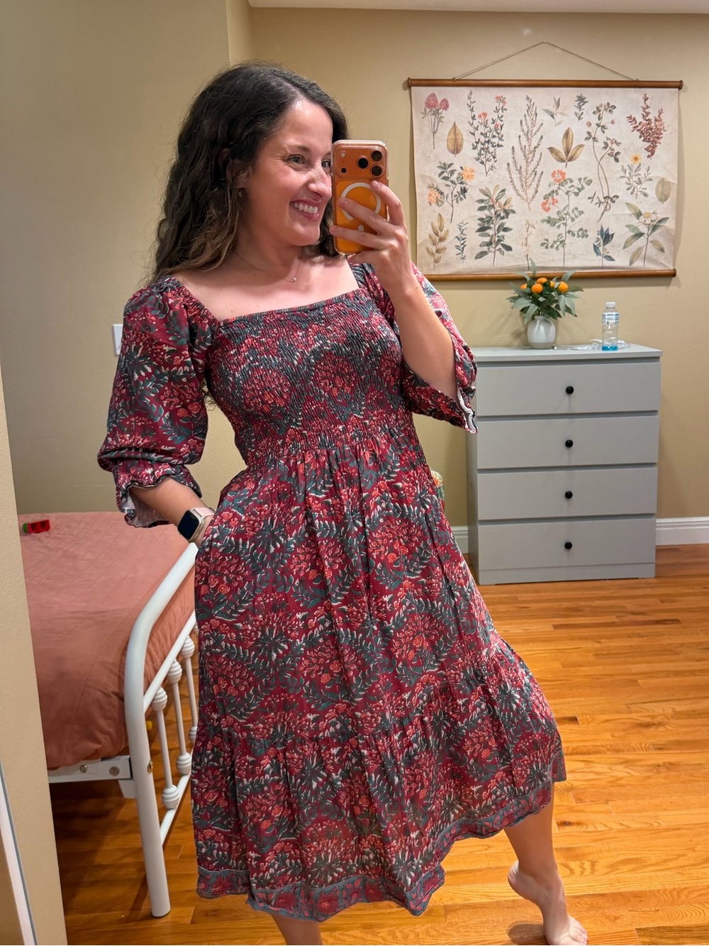 Victoria Dunn Cotton Square-Neck Red Floral Midi Dress - Women Small - Picture 2 of 14